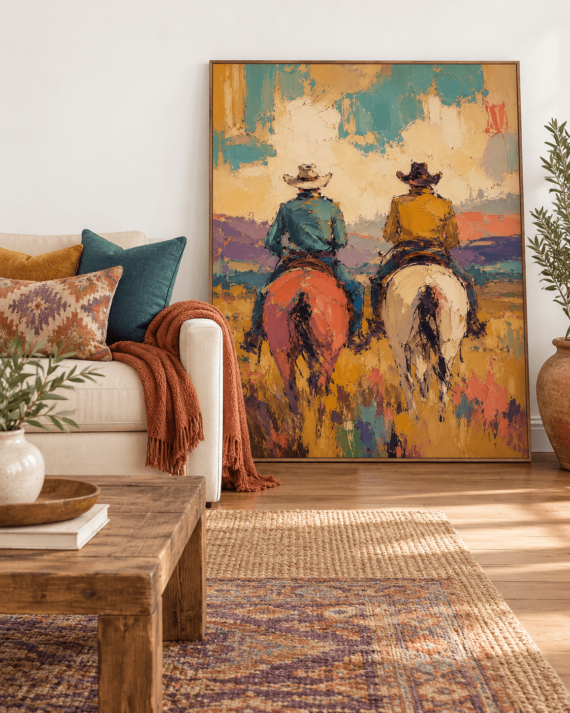 Cowboy And Horse Canvas Painting Hand-Painted Western Art With Warm Tones