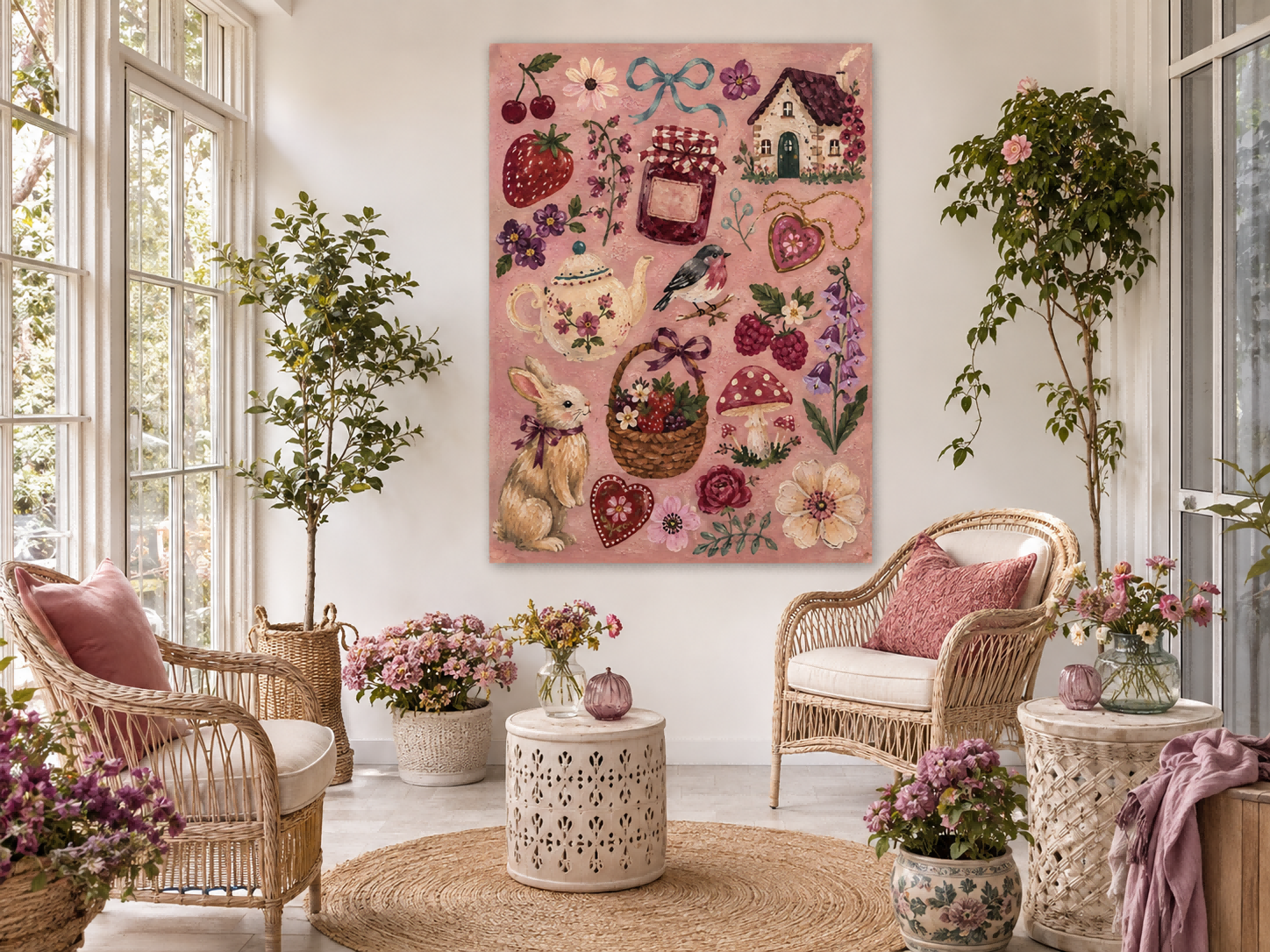 Vintage Pastoral Art With Berries And Cottage For Cozy Home Decor