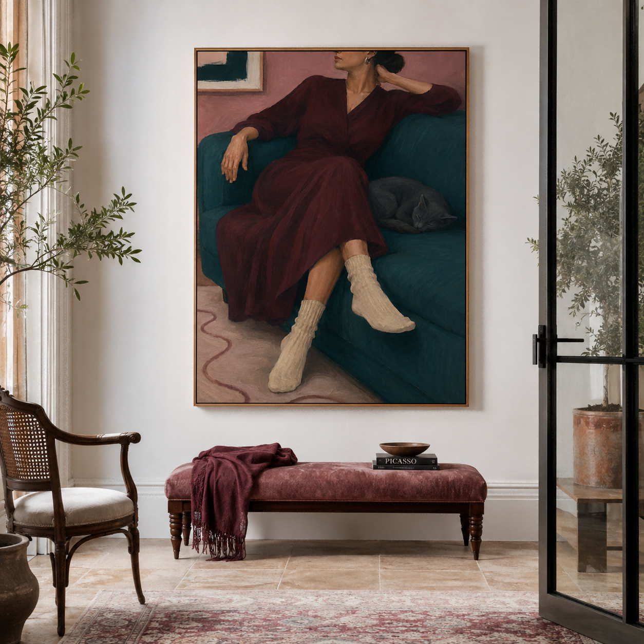 Elegant Living Room Wall Art With Woman And Sleeping Cat In Warm Tones
