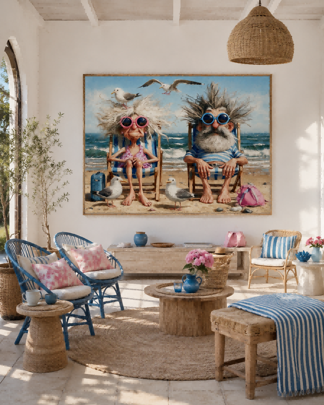 Retro Vintage Style Funny People Painting With Blue Sky And Ocean Waves