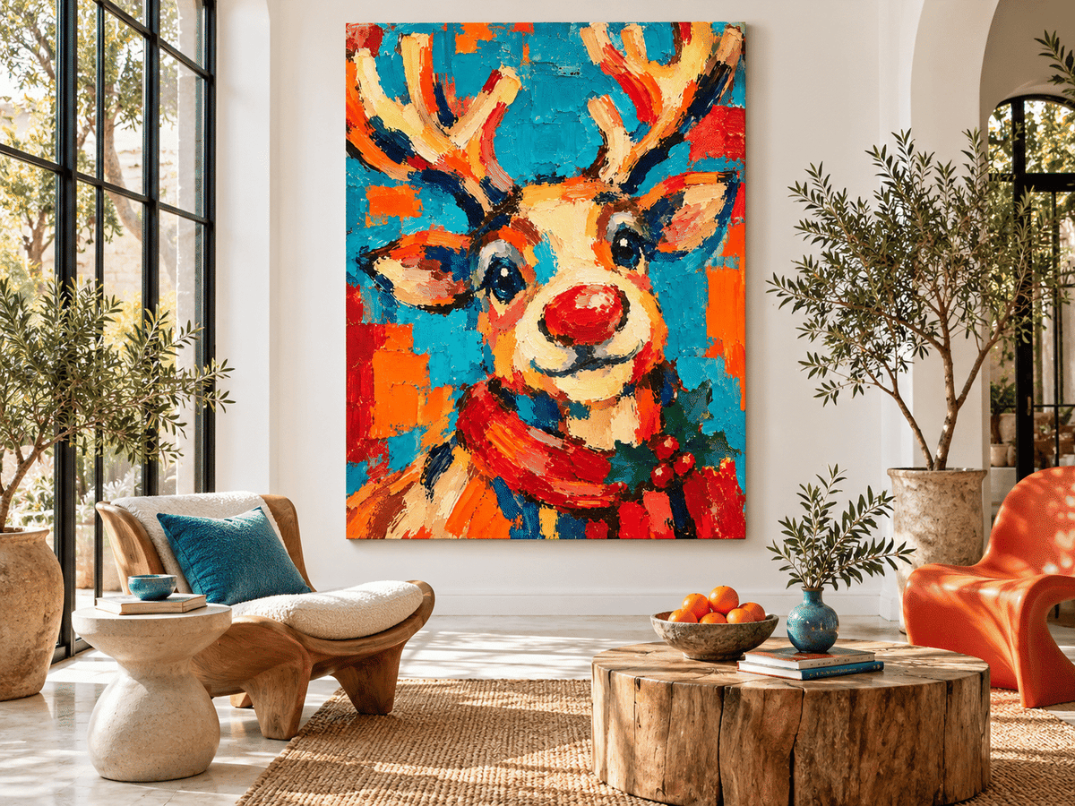 Hand-Painted Reindeer Canvas Art With Red Nose And Holiday Scarf Festive Holiday Wall Art For Living Room Modern Colorful Decor