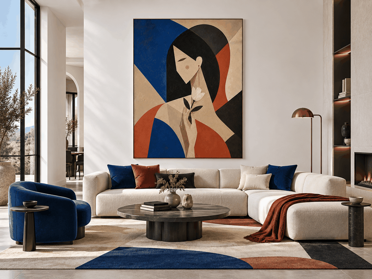 Modern Geometric Romantic Art Print With Royal Blue And Brick Red