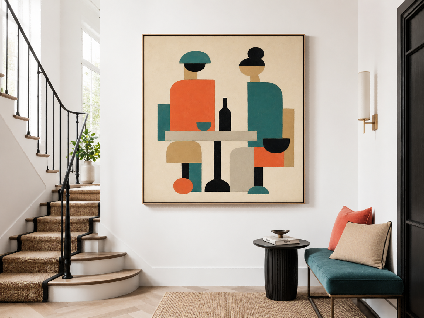 Abstract People Canvas Painting Geometric Figures With Wine Bottle
