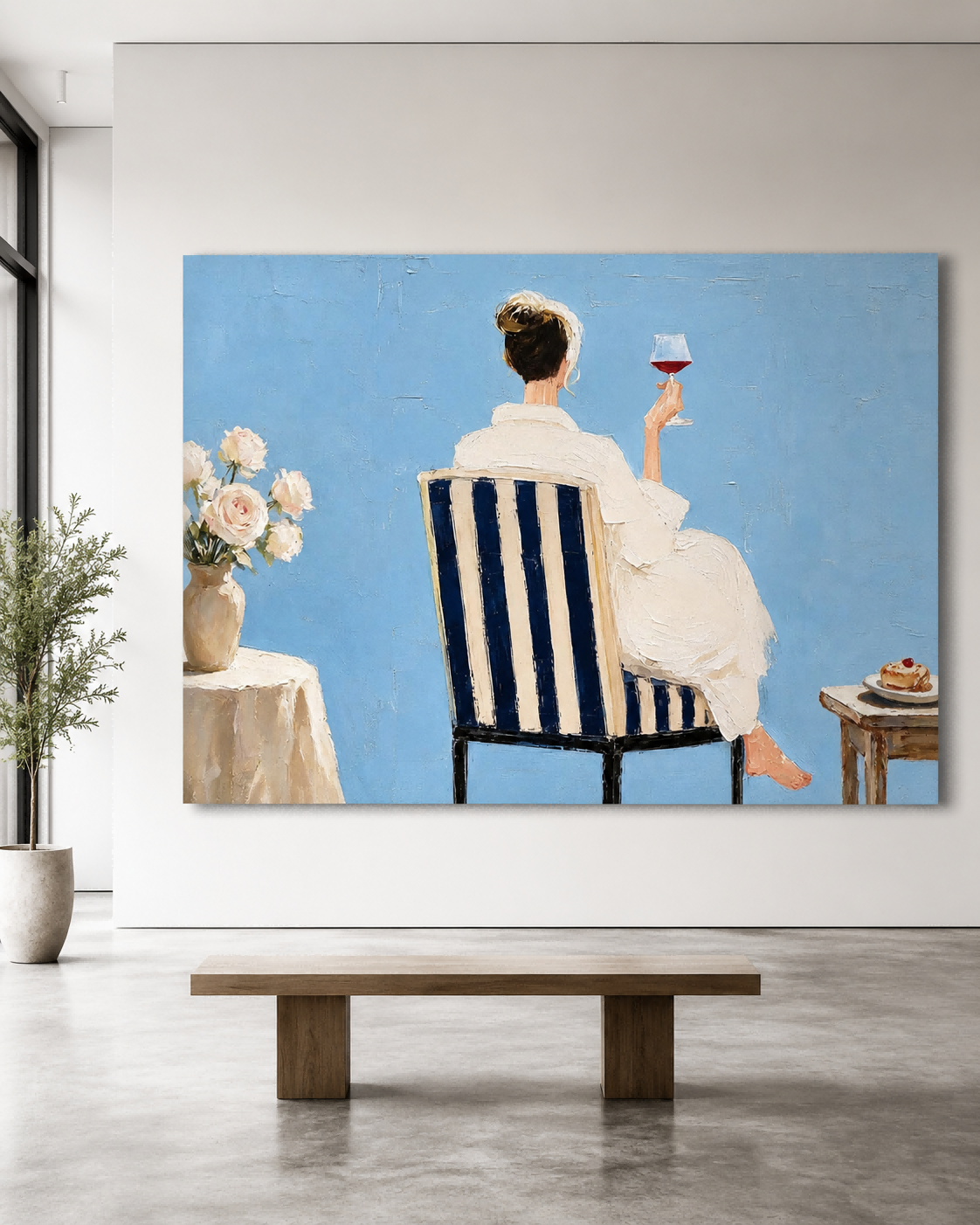 Impressionist Style Canvas Painting Blue And White Striped Chair Art