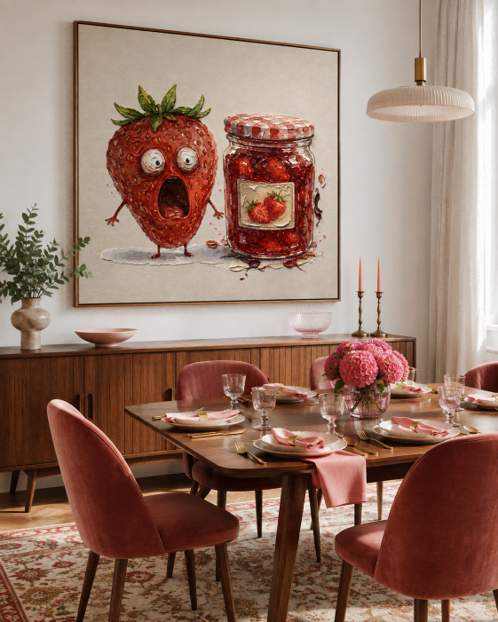 Funny Anthropomorphic Strawberry Art Original Canvas Print With Jam Jar Theme