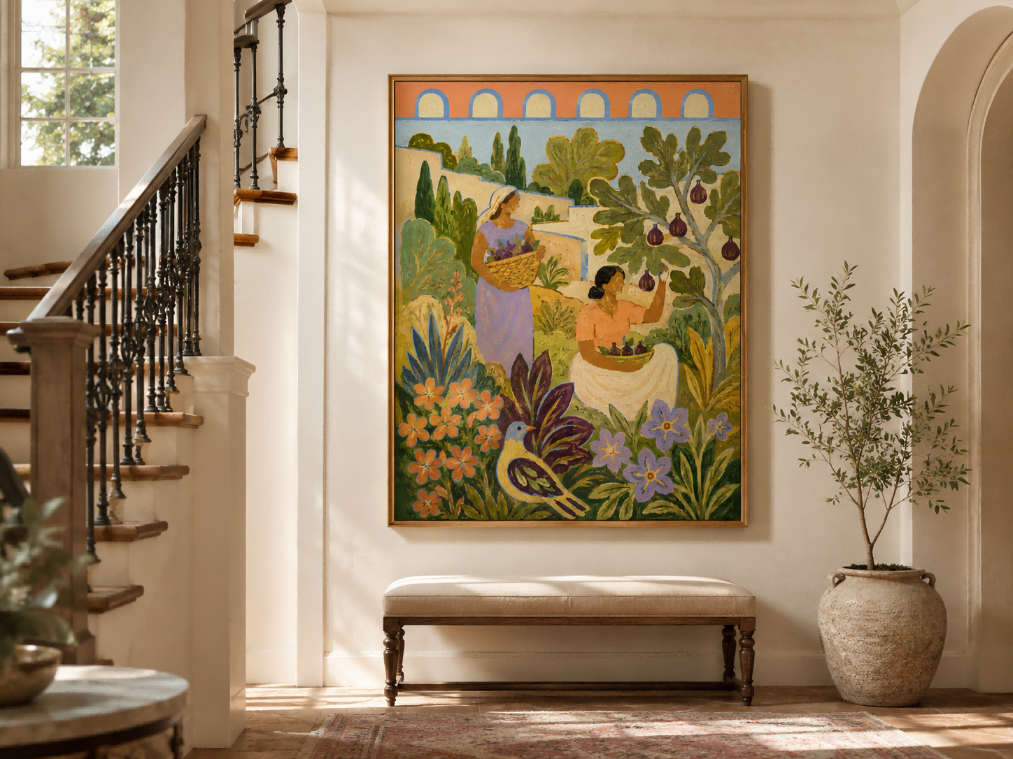 Fantasy Landscape Oil Painting With Purple Figs And Geometric Archways Fantasy Landscape Oil Painting With Purple Figs And Geometric Archways