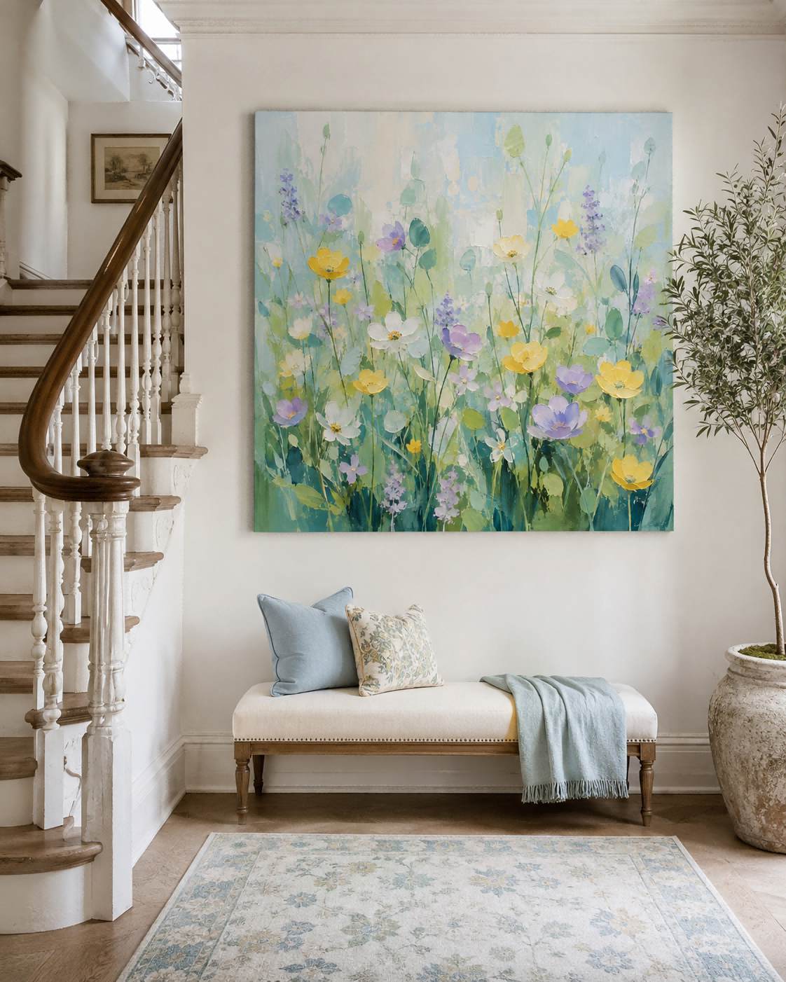 Hand-Painted Floral Meadow Canvas Art With Impasto Texture For Modern Home