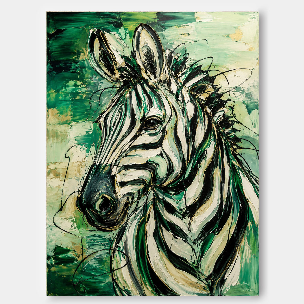 Graffiti Style Zebra Art Modern Abstract Canvas Painting Green And Gold Textured Wall Decor