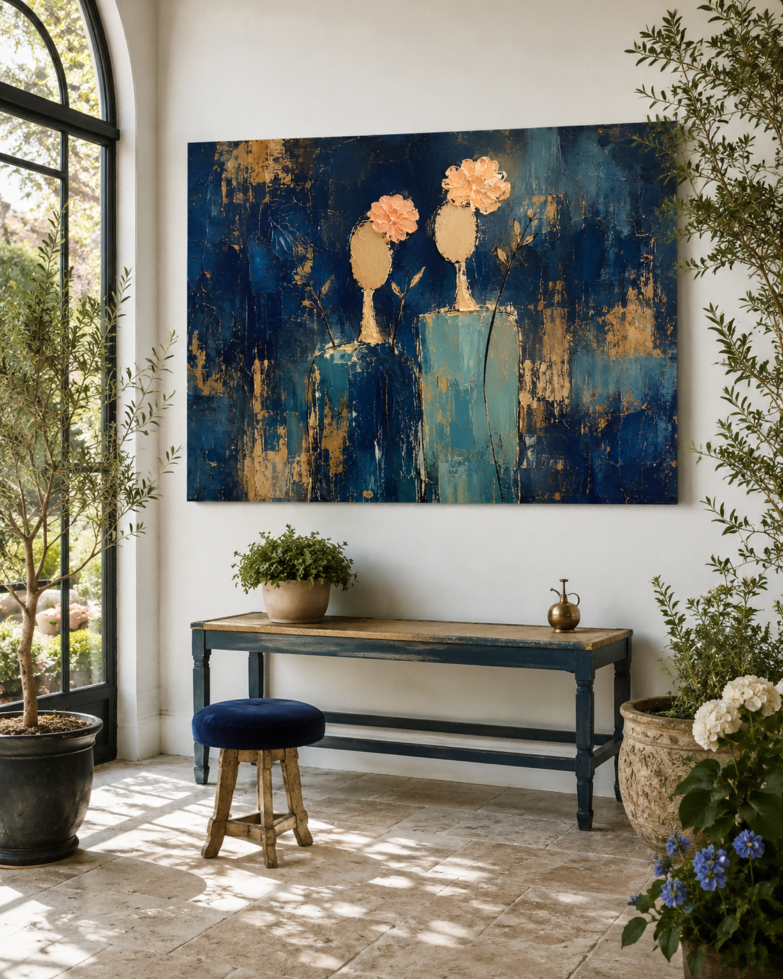 Abstract Floral Woman Canvas Painting Blue Gold Hand-Painted Modern Wall Art