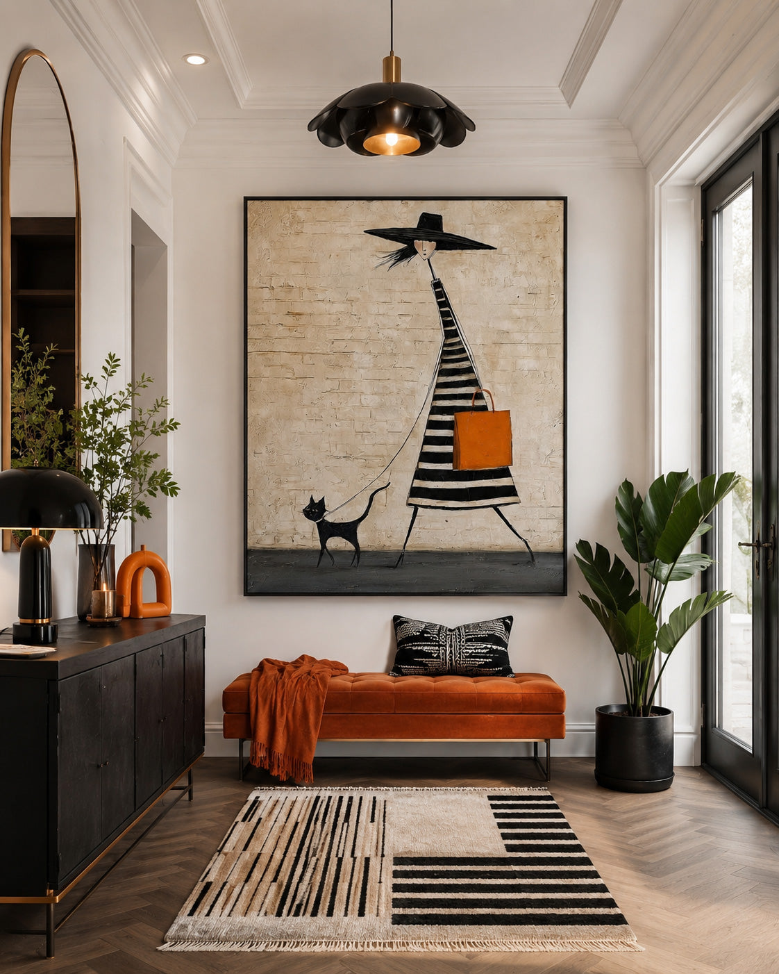 Quirky Lady Walking Cat Art Print Beige And Black Tones For Boutique Interior Design