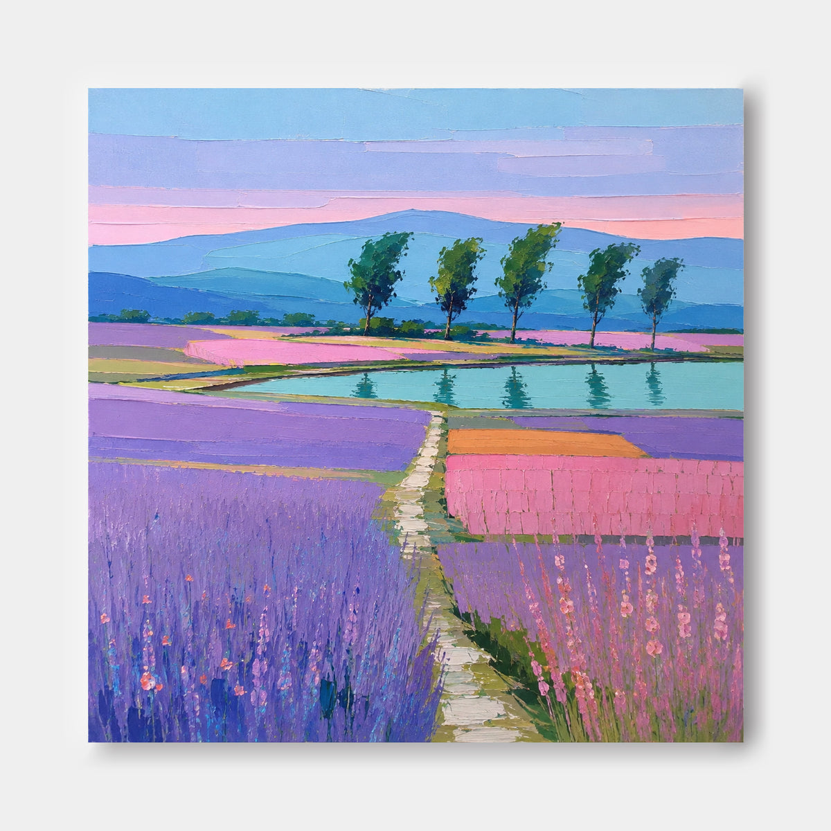 Hand-Painted Lavender Landscape Canvas Art With Lake And Trees In Purple Pink Tones