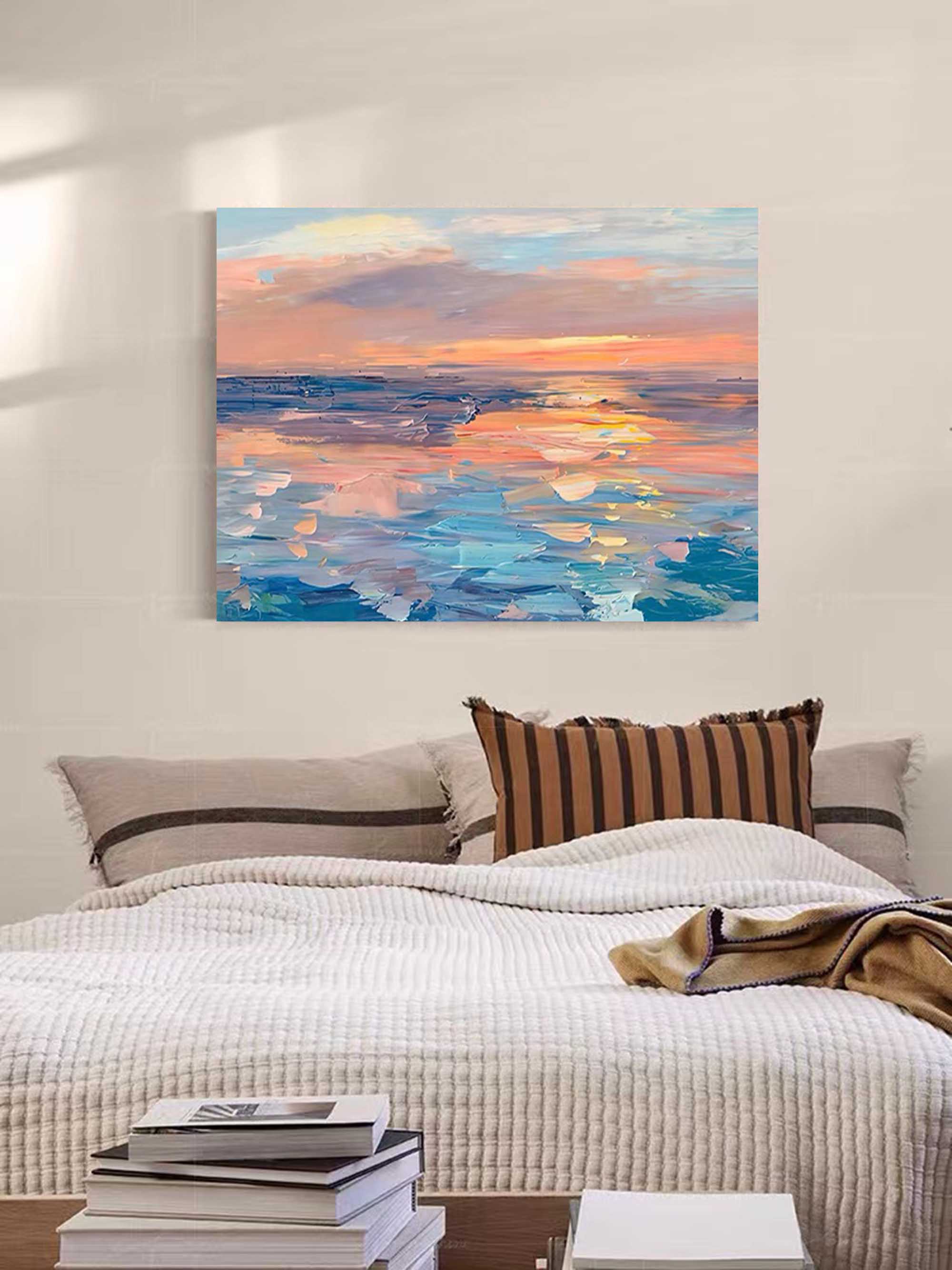 Sunset Oil Painting On Canvas Original Wall Art Abstract Sea Landscape Painting Living Room Decor