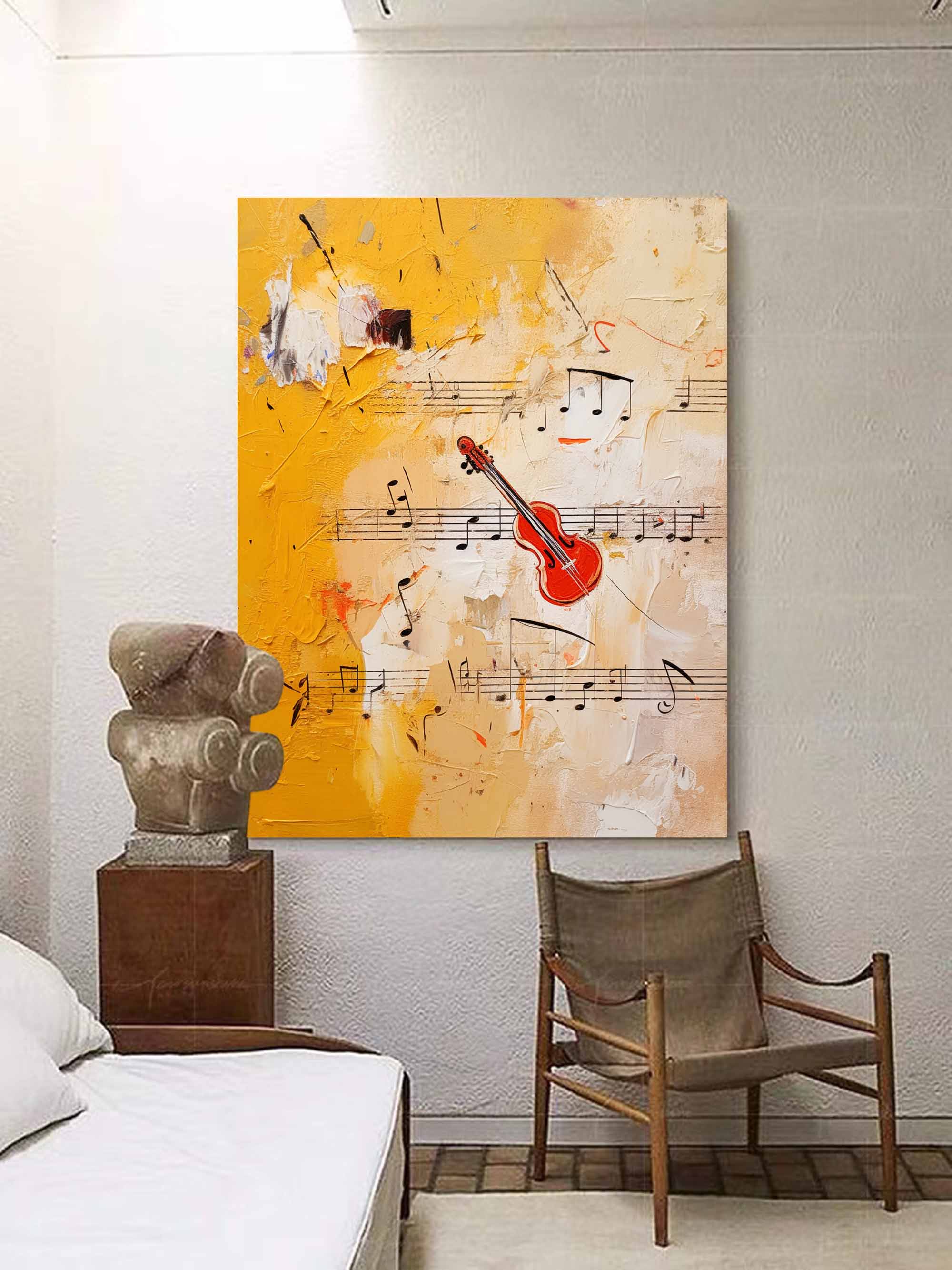 Large Modern Violin Notes Abstract Wall Art Original Oil Painting Canvas Bright Yellow Oil Painting for Home Decor