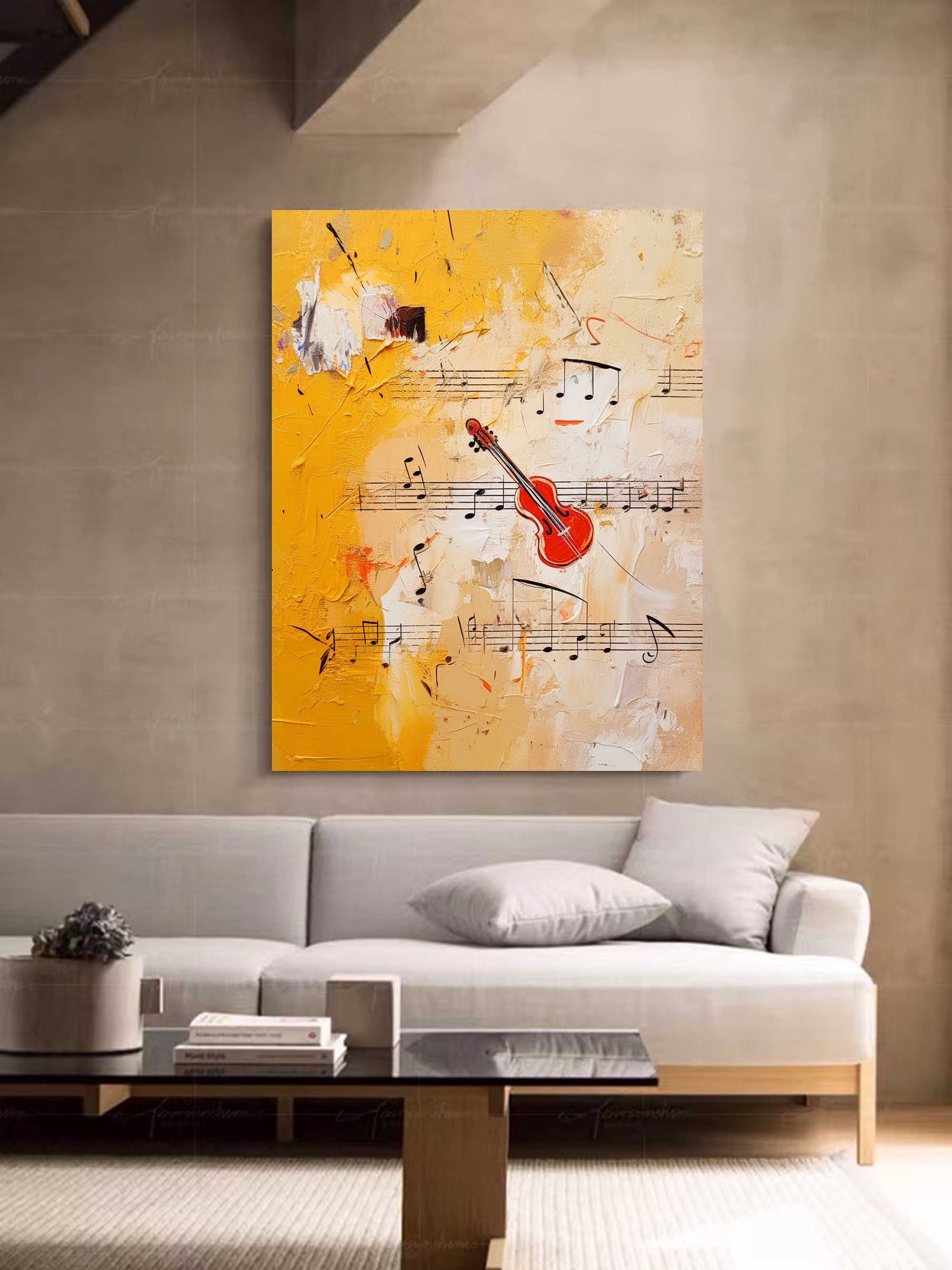 Large Modern Violin Notes Abstract Wall Art Original Oil Painting Canvas Bright Yellow Oil Painting for Home Decor