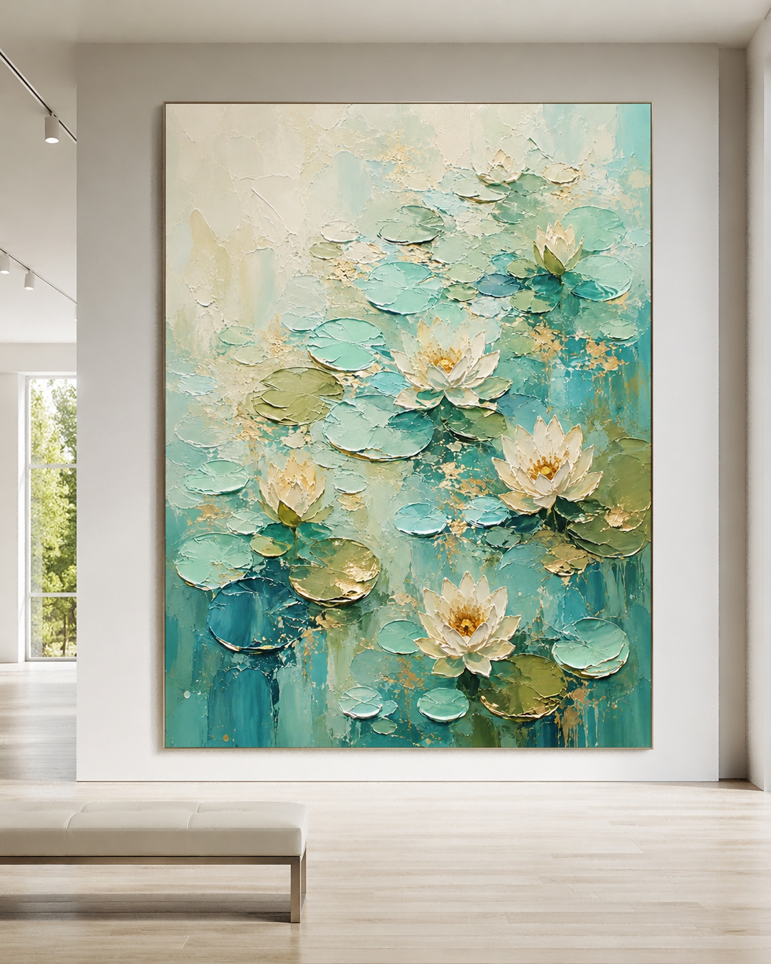 Modern Abstract Impasto Art Inspired By Monets Garden With Teal And White Tones