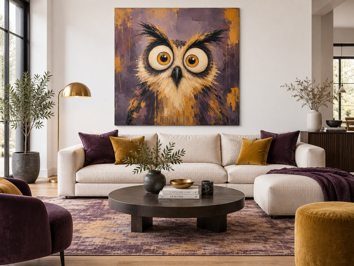 Abstract Pop Art Owl Painting With Textured Brushwork And Humorous Appeal