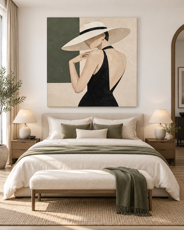 Minimalist Vintage Style Canvas Art Textured Abstract Lady Portrait With Olive And Cream Colors