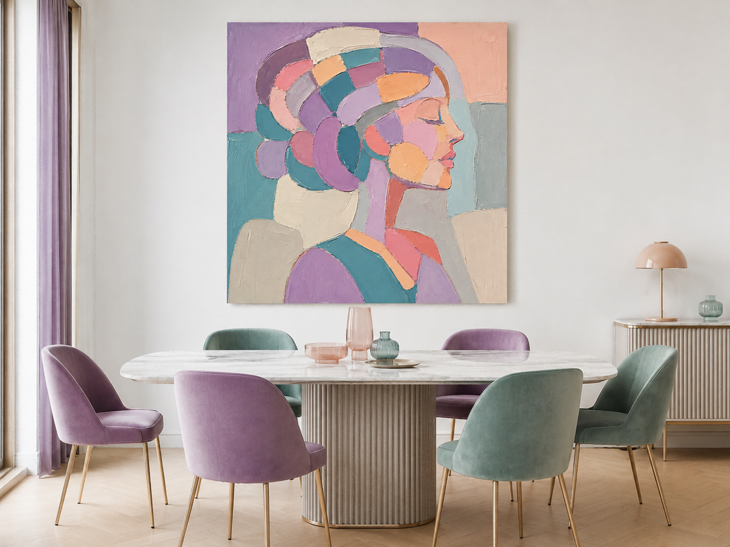 Minimalist Female Profile Art In Pastel Colors Square Canvas Print For Bedroom