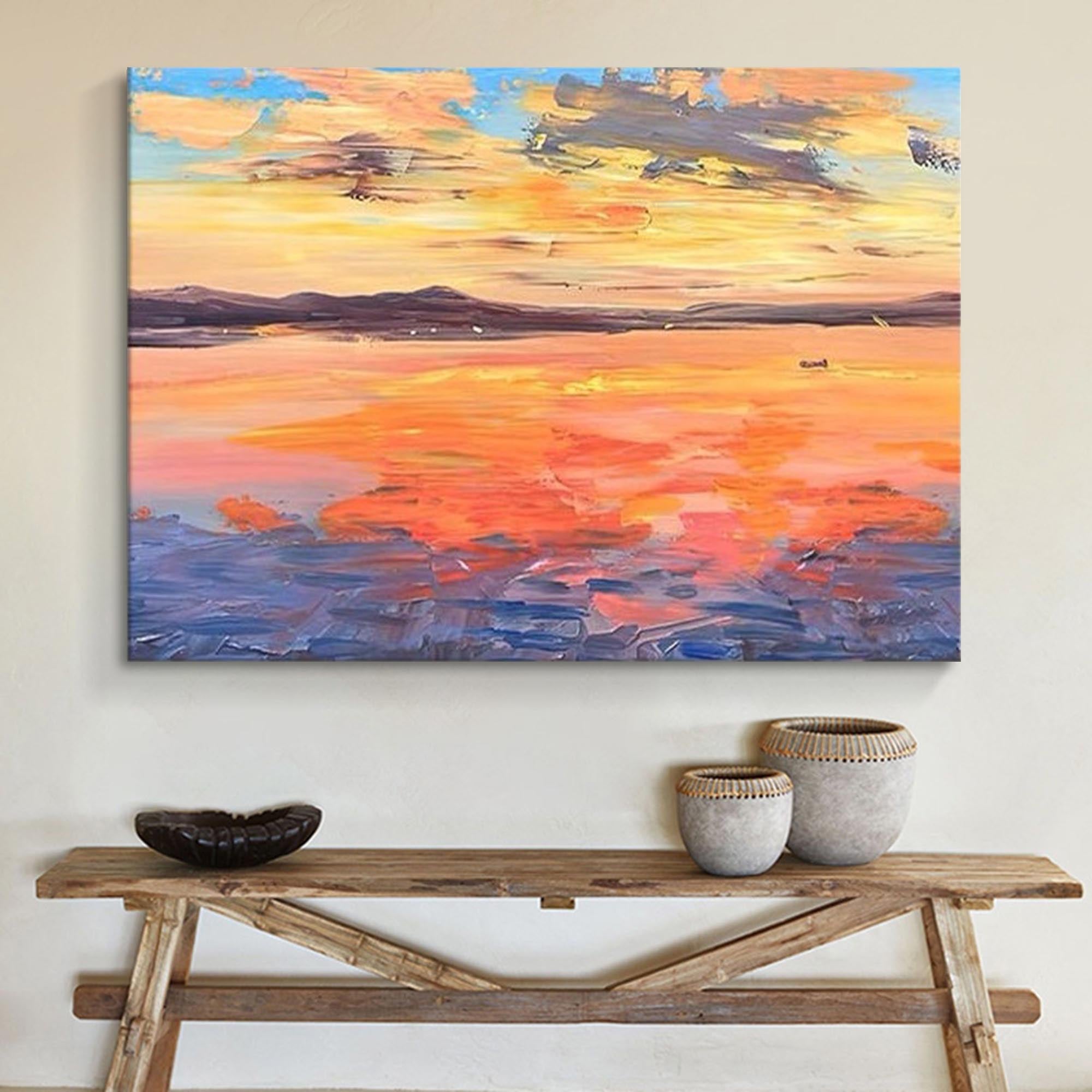 Original Sunset Seascape Oil Painting On Canvas Large Wall Art Abstract Yellow Ocean Landscape Painting Living Room Decor