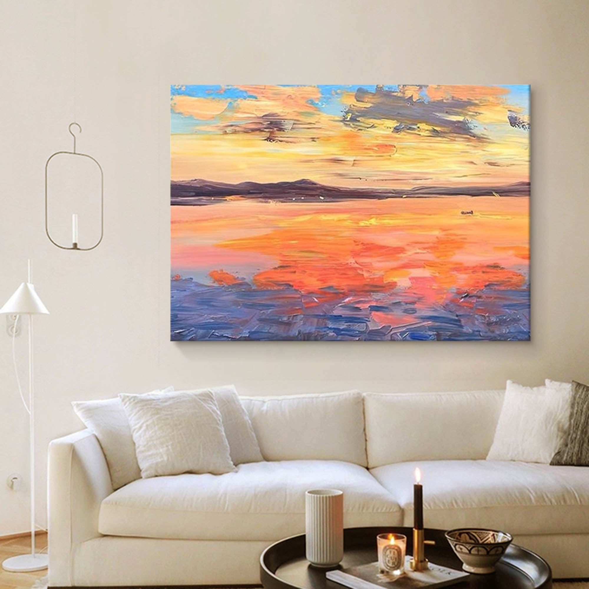 Original Sunset Seascape Oil Painting On Canvas Large Wall Art Abstract Yellow Ocean Landscape Painting Living Room Decor