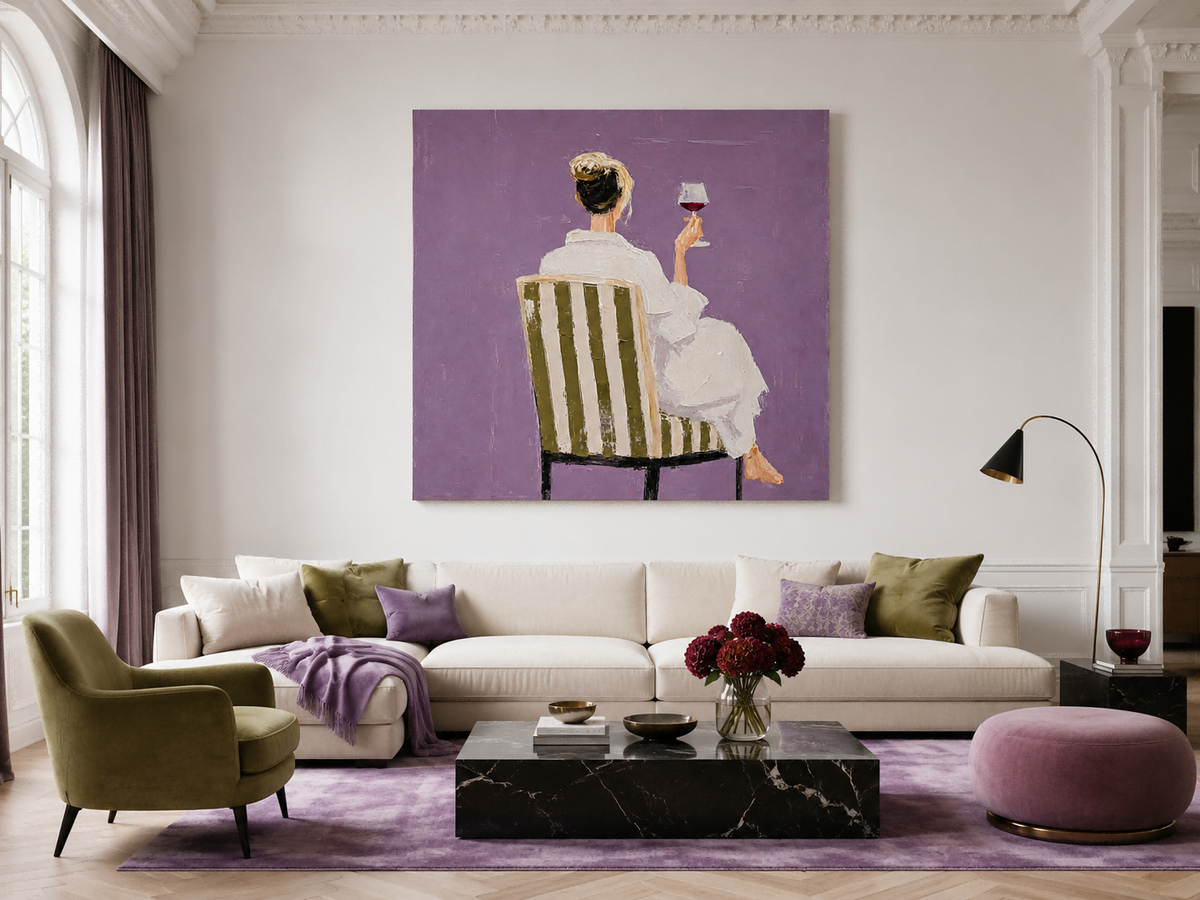Woman With Wine Glass Hand-Painted Canvas Art In Purple And White Modern Living Room Wall Art With Elegant Woman And Striped Chair