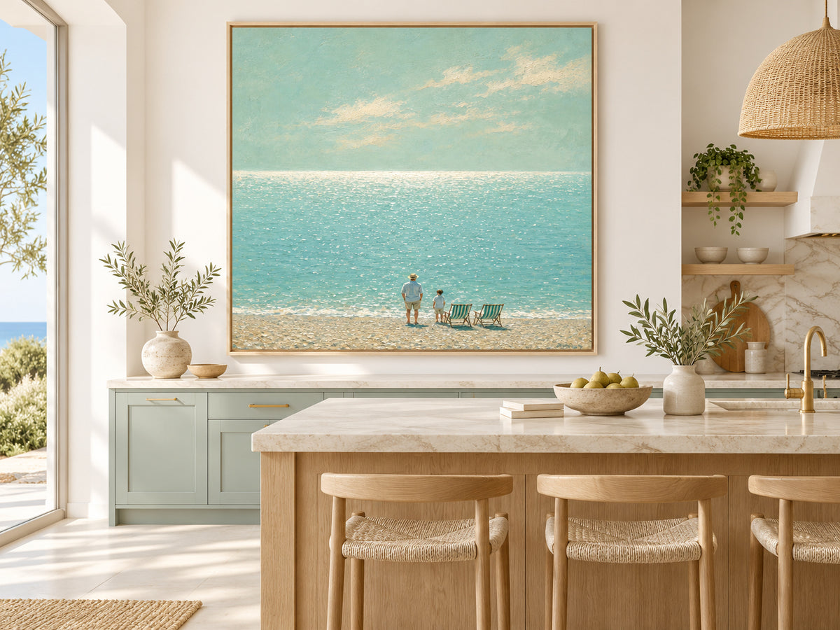 Father And Son Beach Scene Hand-Painted Canvas Art In Soft Blue Tones