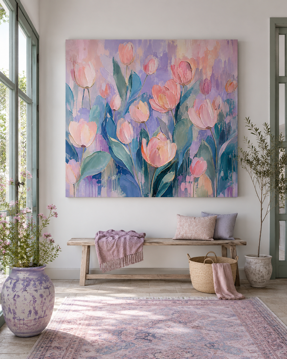 Luxury Floral Wall Art For Living Room Soft Pink And Lavender Decor