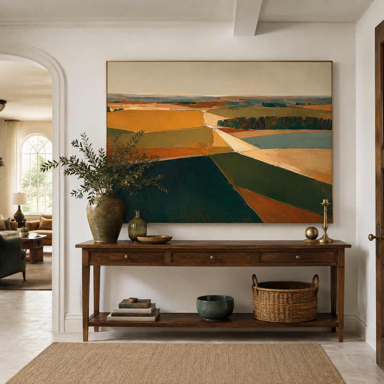 Modern Abstract Landscape Painting With Earth Tones For Living Room Decor