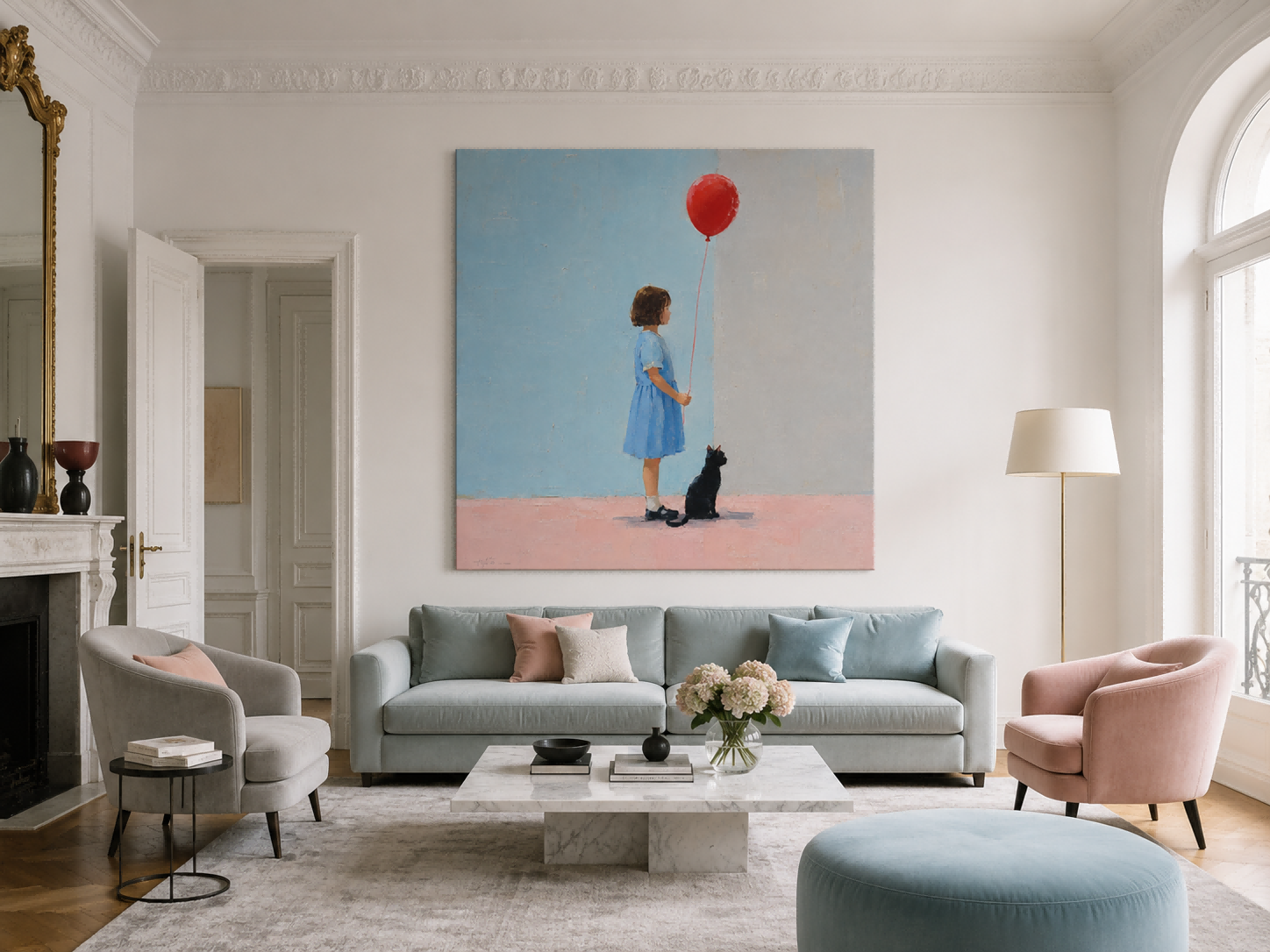 Modern Figurative Wall Art For Living Room Blue Pink Gray Color Scheme
