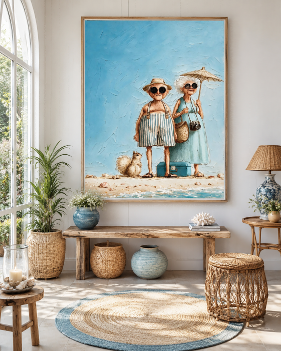 Whimsical Vintage Couple Beach Painting Textured Canvas Wall Art For Living Room Decor