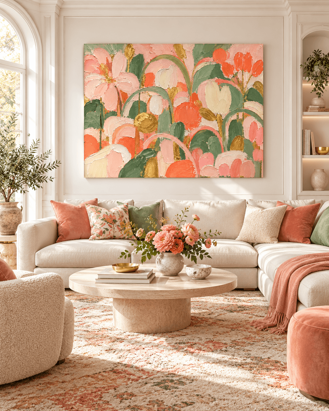 Abstract Floral Canvas Painting With Gold Leaf Accents For Modern Home Decor