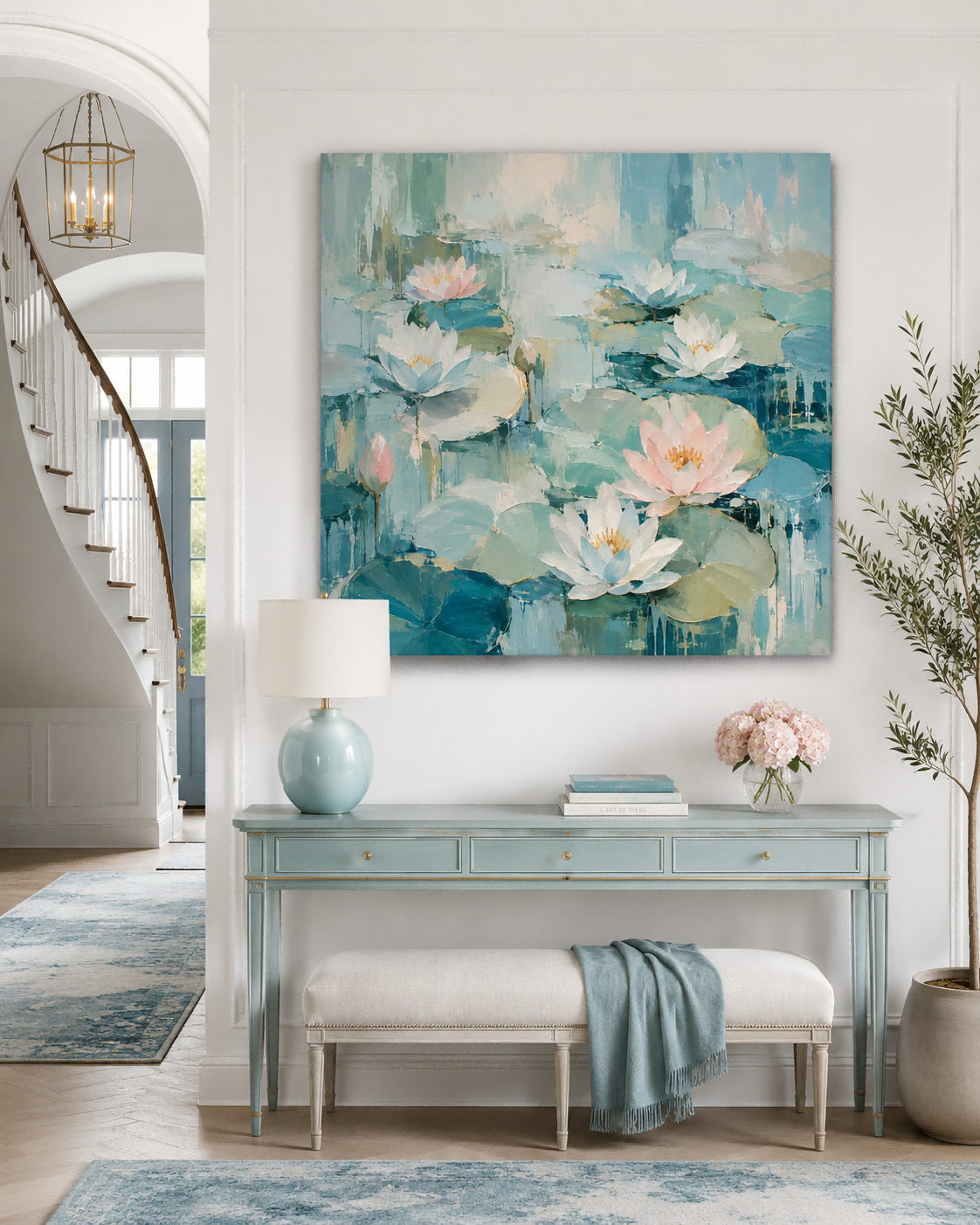Hand-Painted Water Lilies Abstract Canvas Art With Blue And Pink Tones Hand-Painted Water Lilies Abstract Canvas Art With Blue And Pink Tones