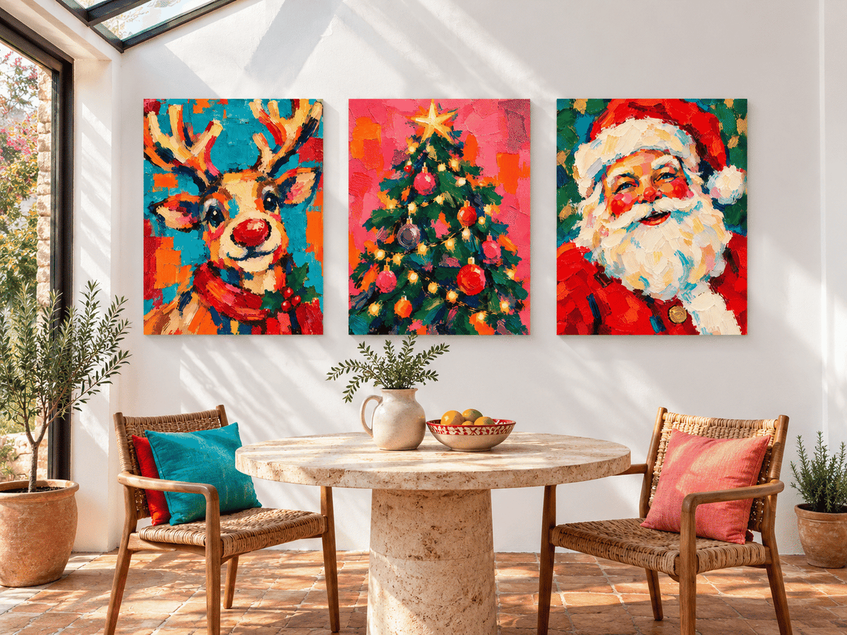 3P Hand-Painted Santa Reindeer Tree Christmas Canvas Art Set