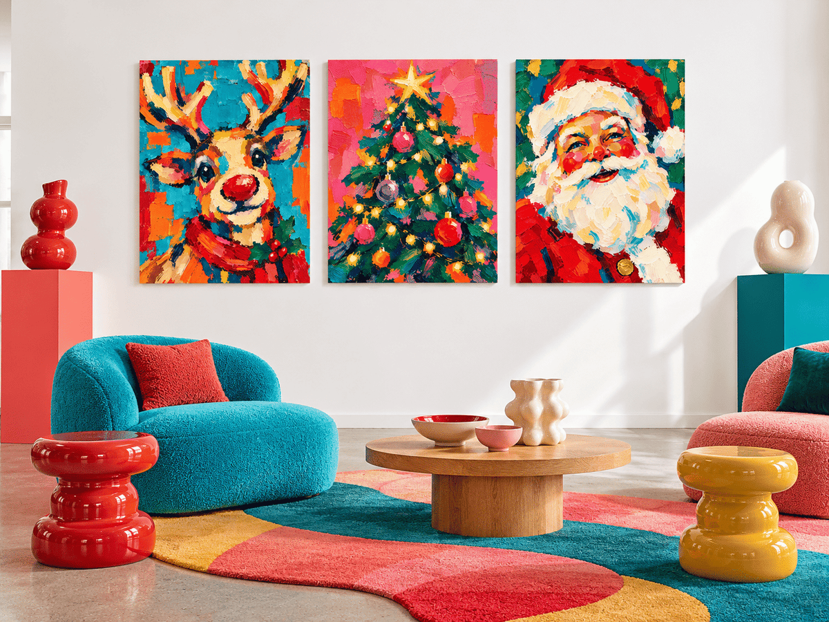 3P Hand-Painted Santa Reindeer Tree Christmas Canvas Art Set