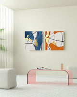 Set of 2 Large Abstract Modern Gold Blue Orange Square Colorful Original Oil Painting On Canvas Living Room