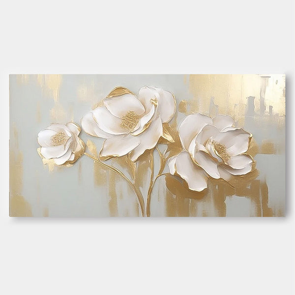 Modern Large Wall Art Textured Flower Acrylic Painting Original White And Gold Painting On Canvas For Living Room