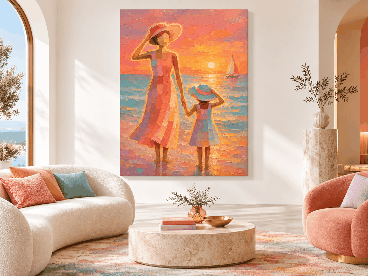 Mother And Daughter Sunset Beach Hand-Painted Canvas Art With Sailboat