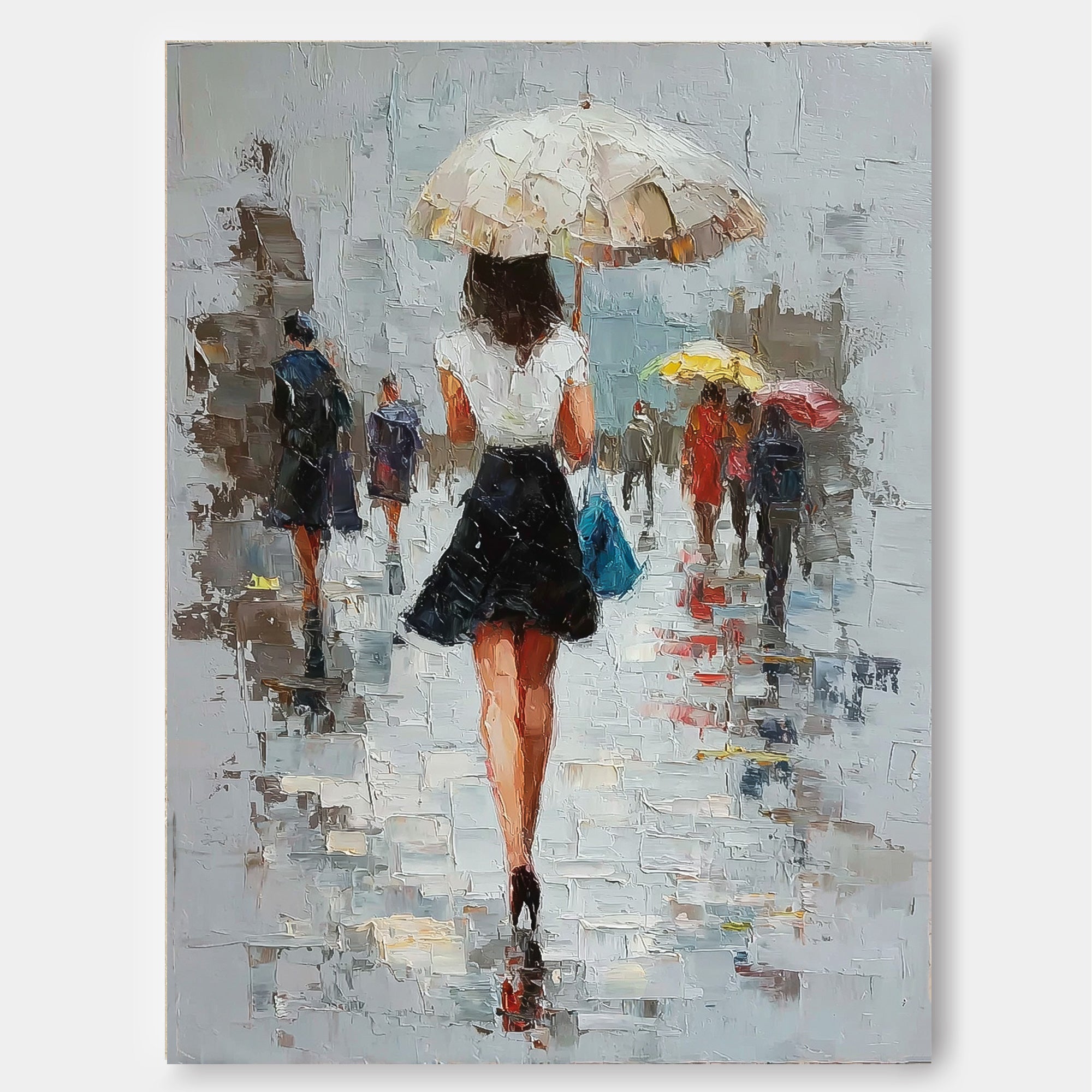 Atmospheric Impressionist Oil Painting Of Woman With Umbrella In City Rain