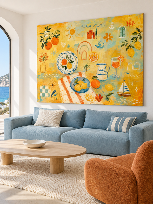 Hand-Painted Citrus Fruit And Sailboat Canvas Art With Warm Yellow Tones