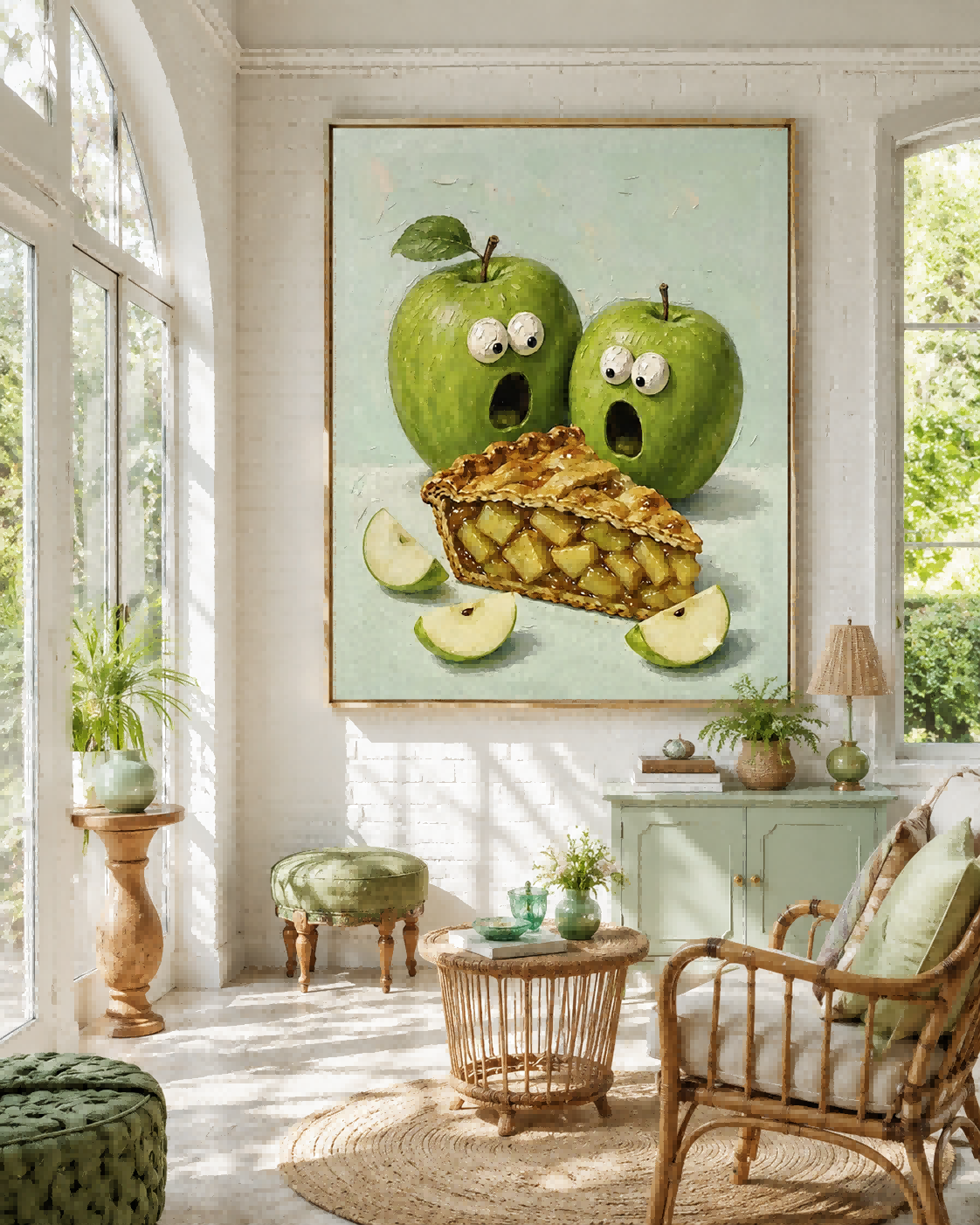Whimsical Green Apple Pie Painting Abstract Food Art For Modern Kitchen Wall Decor