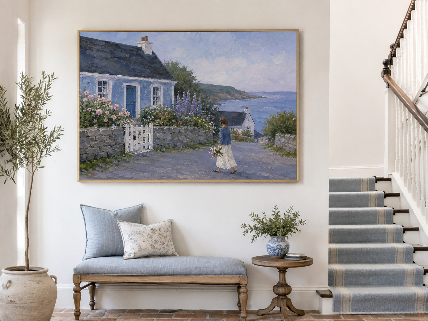 Seaside Landscape Wall Art For Living Room Blue House Painting