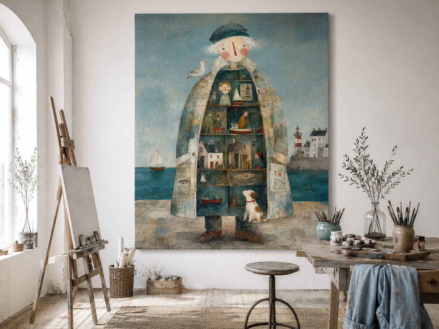 Abstract Surrealist Folk Art Painting With Textured Brushwork
