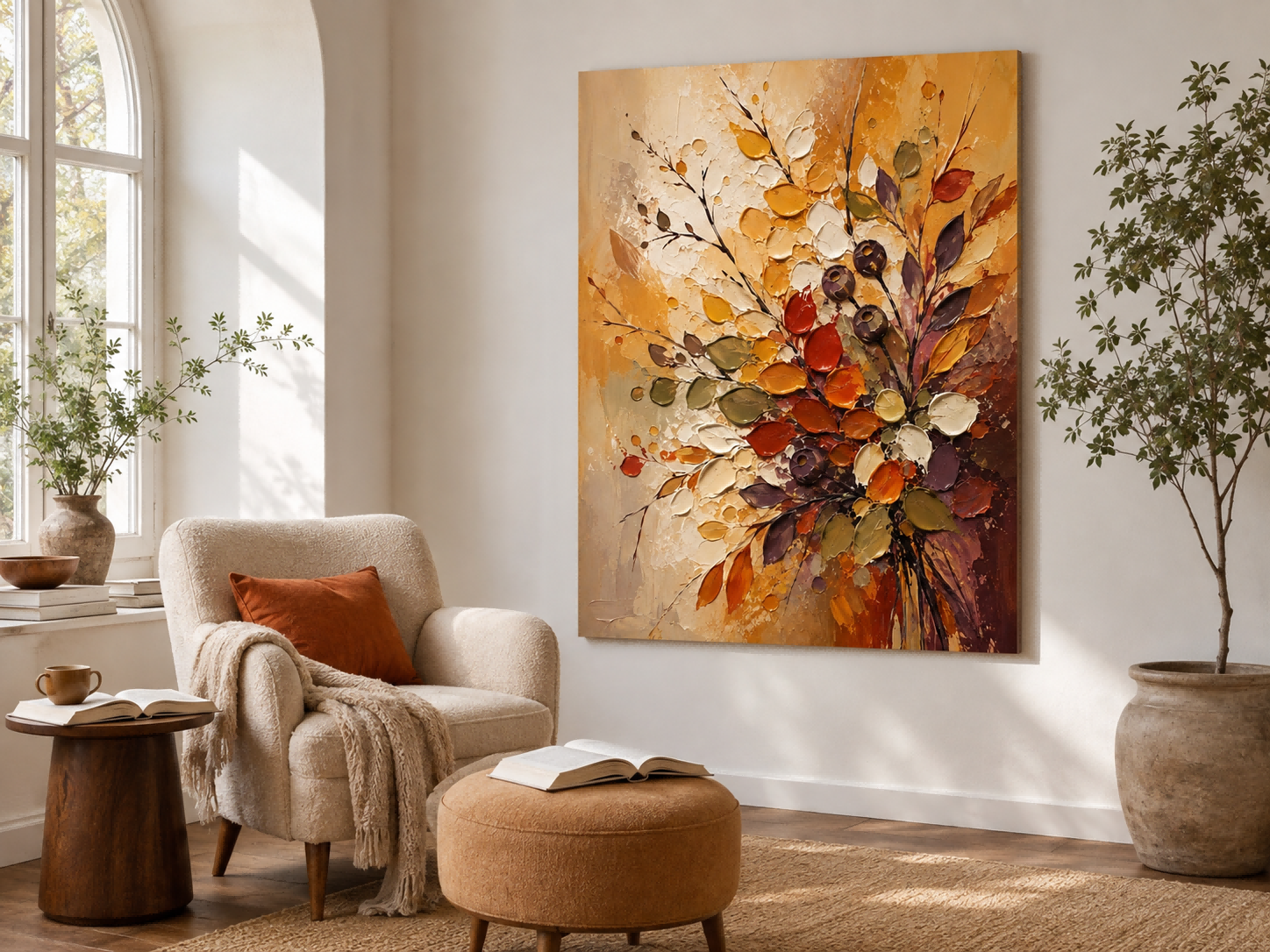 Abstract Floral Canvas Painting With Gold And Beige Tones Vintage Inspired Abstract Art With Heavy Impasto Texture