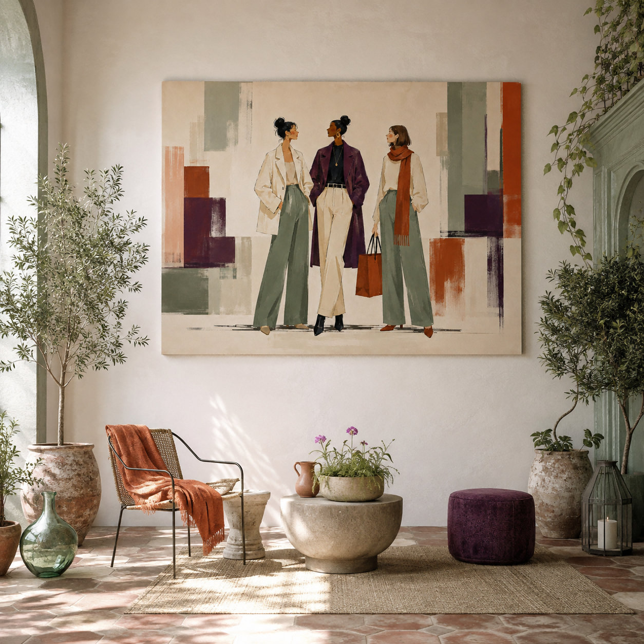 Modern Fashion Art Painting Of Elegant Women In Geometric Style For Living Room Decor