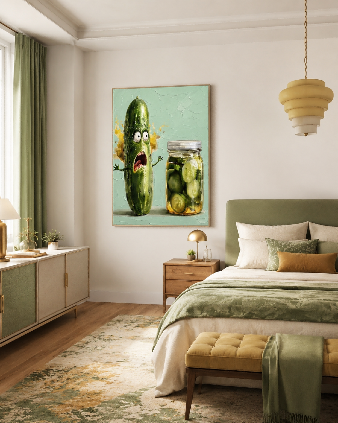 Funny Cucumber Painting For Modern Kitchen Wall Art Decor With Textured Green Pop Art Style