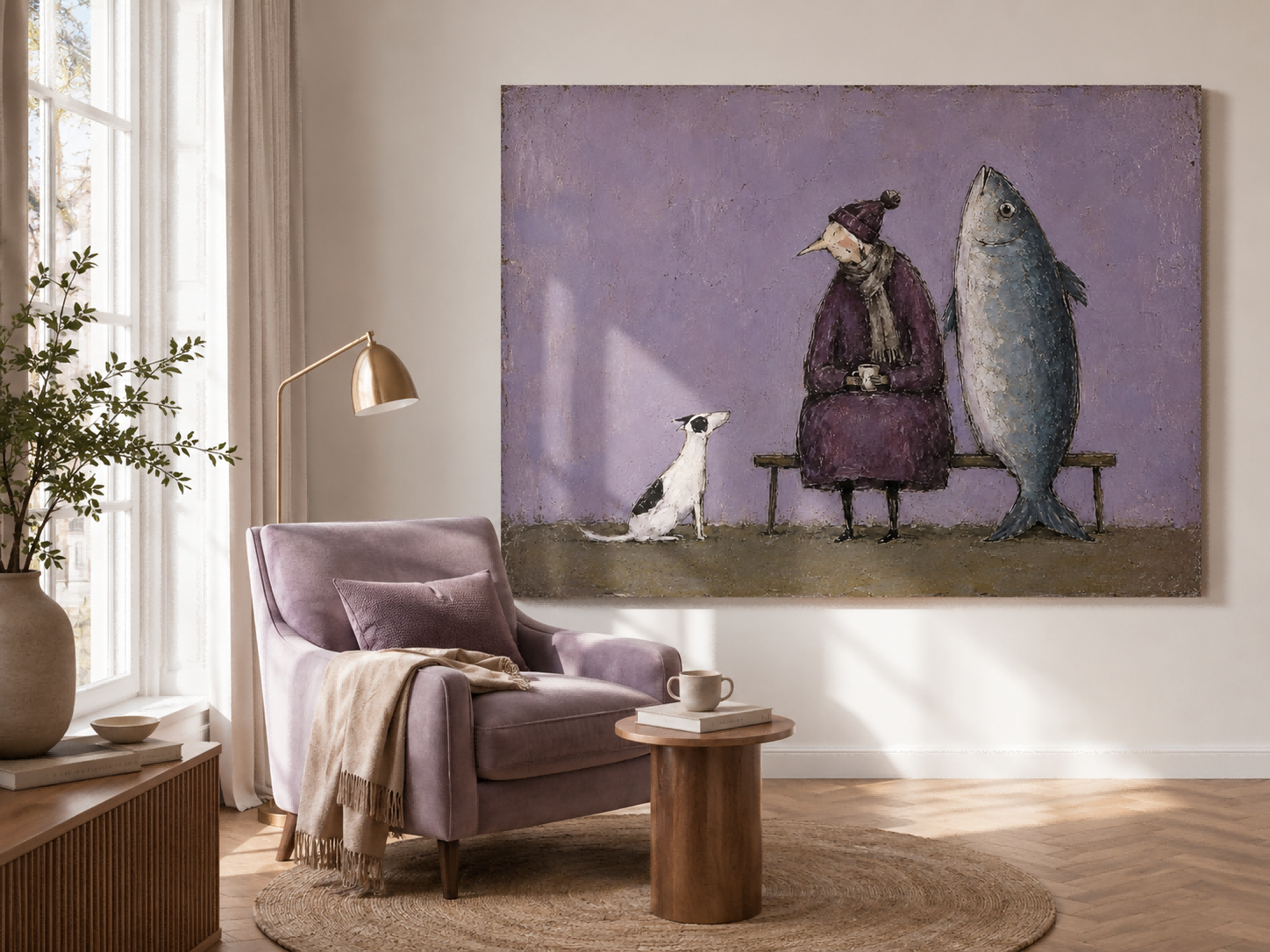 Surreal Modern Folklore Canvas Painting With Textured Finish And Retro Charm