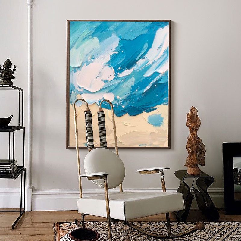 Blue Original Sea Abstract Oil Painting Large Sea 3D Texture Painting Ocean Canvas Wall Art Living Room Decor