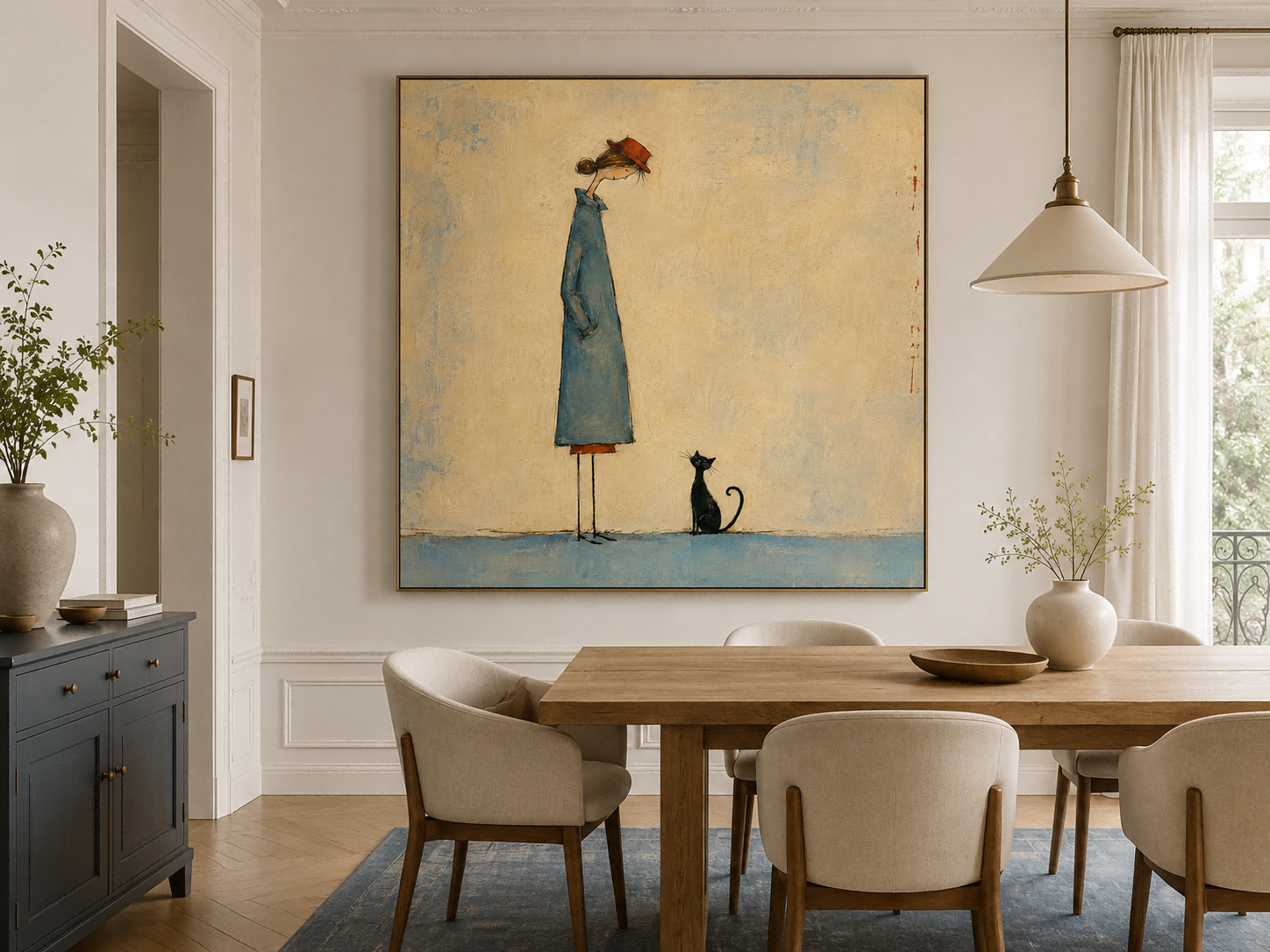 Minimalist Illustration Art Print Featuring Girl And Cat Companion
