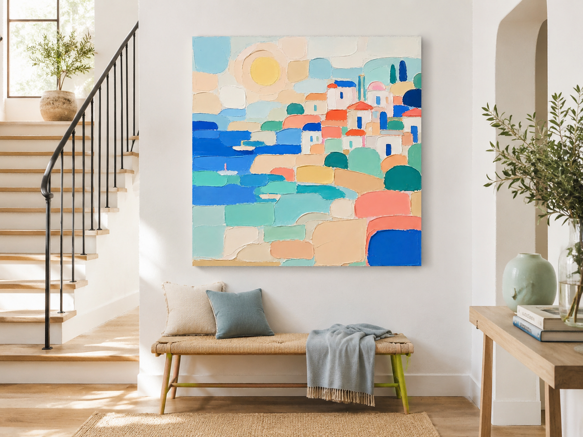 Abstract Mediterranean Town Seascape Hand-Painted Canvas Art With Blue And Orange Tones