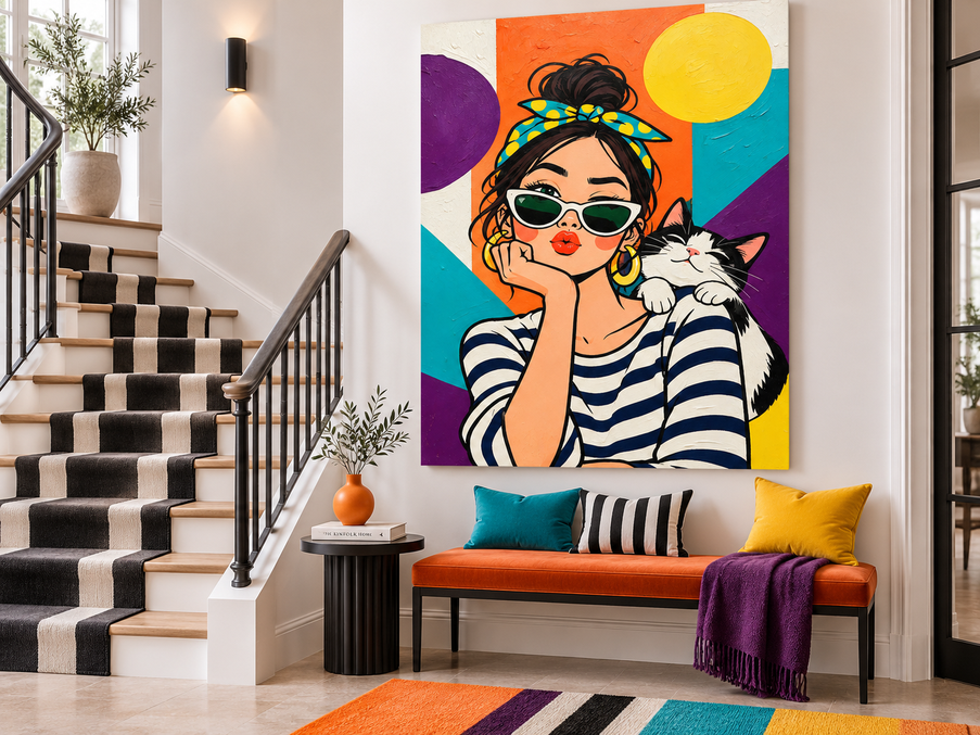 Retro Pop Art Canvas Painting Geometric Bright Colors Original